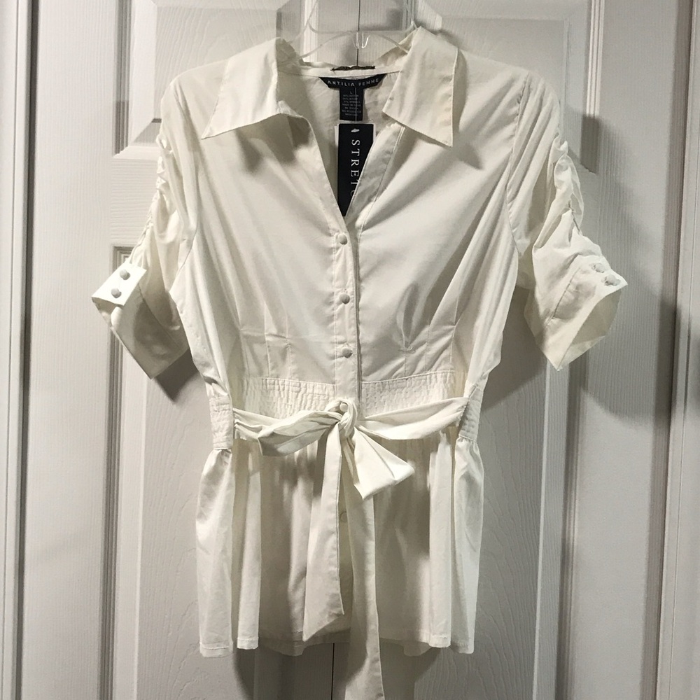 Antilia Femme White Button-Down Short Ruched Sleeve Shirt